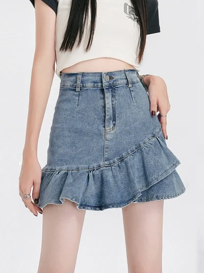 Ruffle Hem Mini Denim Skirt