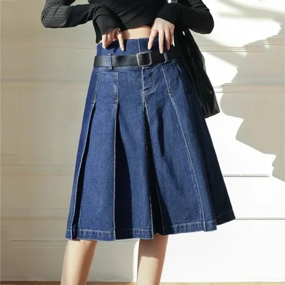 Pleated Midi Denim Skirt
