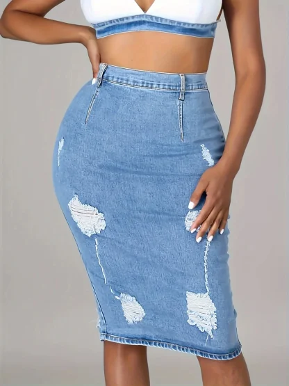 Ripped Pencil Midi Denim Skirt - Image 2