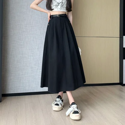 Solid A-line Pleated Denim Skirts - Image 6