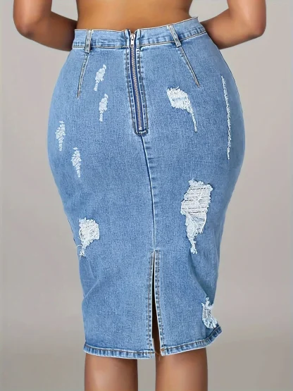 Ripped Pencil Midi Denim Skirt - Image 3