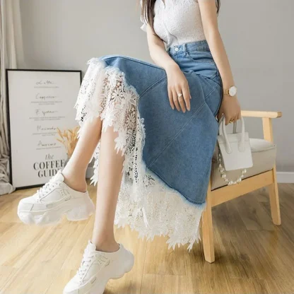 Floral Lace Trim Denim Skirt - Image 3