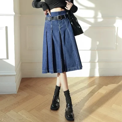 Pleated Midi Denim Skirt - Image 4