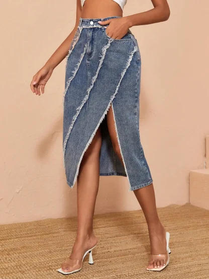 Slanted Fringe Decor Denim Skirt