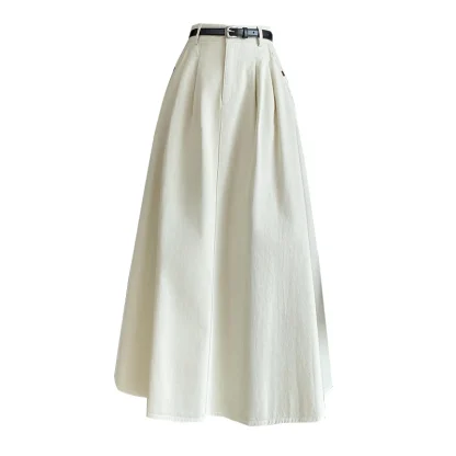 Solid A-line Pleated Denim Skirts - Image 7