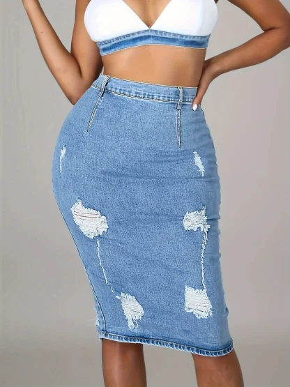 Ripped Pencil Midi Denim Skirt - Image 4