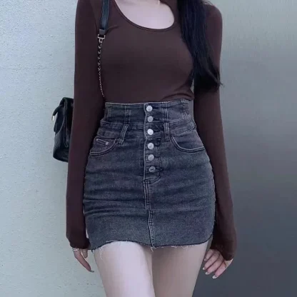 Buttoned High-waist Denim Skirt