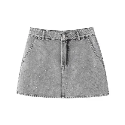 Casual Beaded Mini Denim Skirt