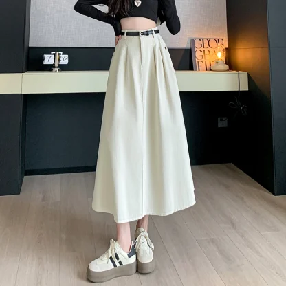 Solid A-line Pleated Denim Skirts - Image 3