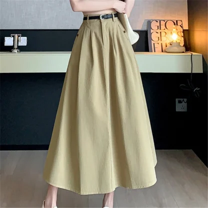 Solid A-line Pleated Denim Skirts - Image 2