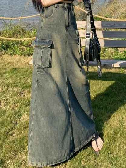 Retro Dark Faded Denim Skirt - Image 3