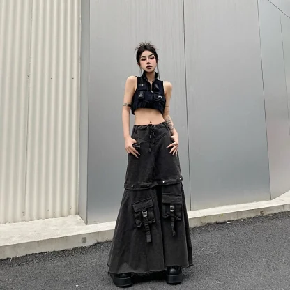 Black Cargo Baggy Denim Skirt - Image 6