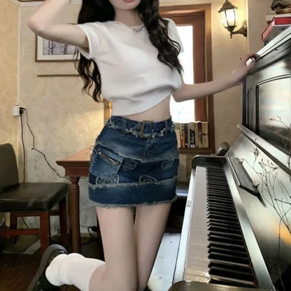Distressed Mini Denim Skirt - Image 3