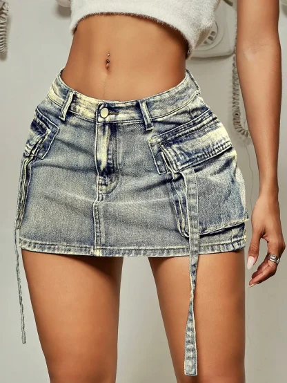 Trendy Flap Pocket Denim Skirt