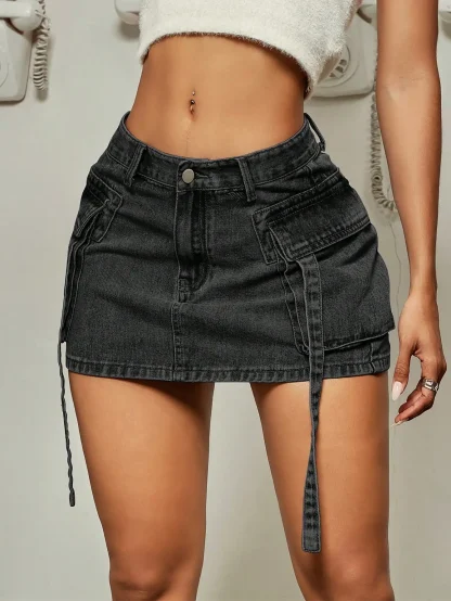 Trendy Flap Pocket Denim Skirt - Image 5
