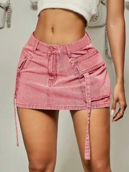 Trendy Flap Pocket Denim Skirt - Image 3