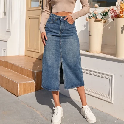 Front Slit Midi Denim Skirt