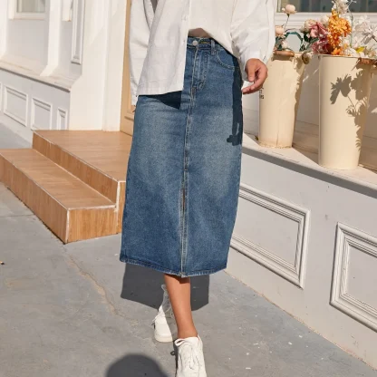 Front Slit Midi Denim Skirt - Image 3
