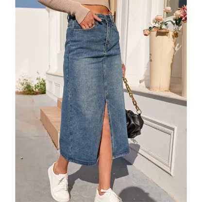Front Slit Midi Denim Skirt - Image 4