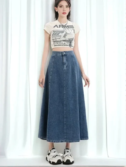 Casual Plain Long Denim Skirt - Image 3