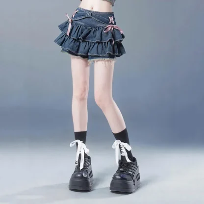 Cute Lace-up Ruffle Denim Skirts