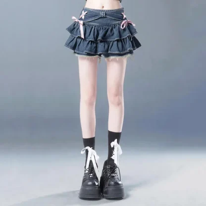 Cute Lace-up Ruffle Denim Skirts - Image 3