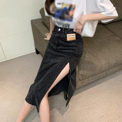 High Slit Midi Denim Skirt - Image 3