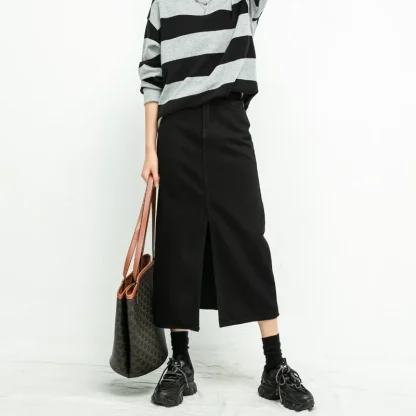 Midi Front Slit Black Denim Skirt - Image 5