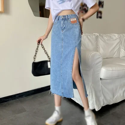 High Slit Midi Denim Skirt - Image 9