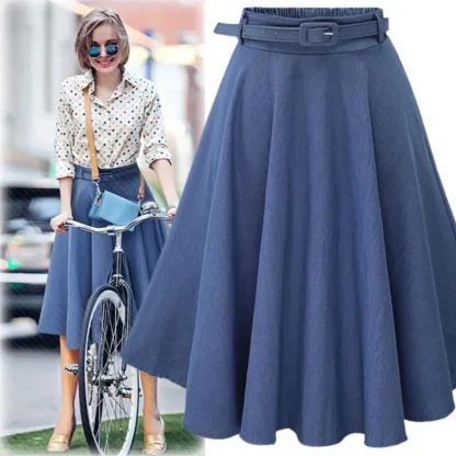 Belted Waist A-line Denim Skirt - Image 6