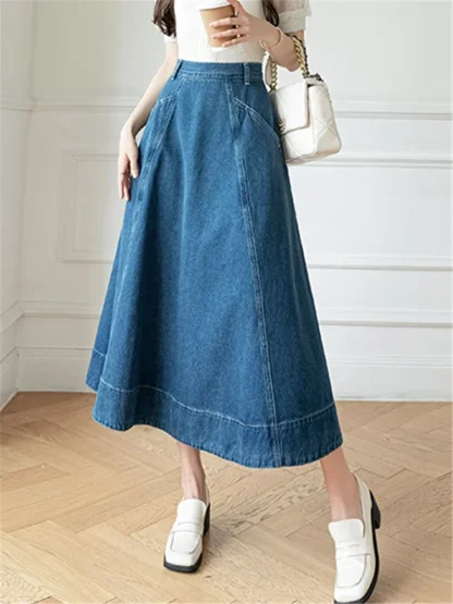 Side Pocket A-line Midi Denim Skirt - Image 5