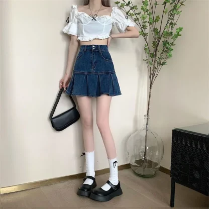 High-waist Pleated Denim Skirt - Image 12