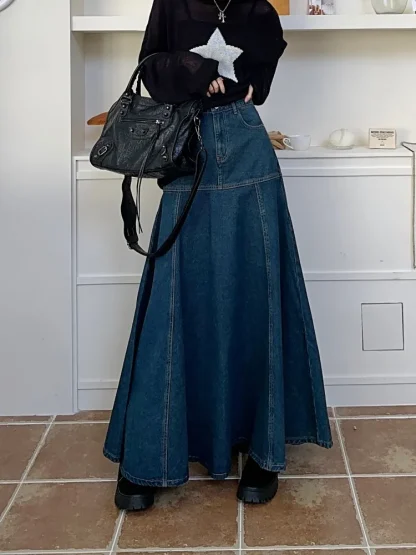 High Rise Long Fishtail Denim Skirt - Image 5