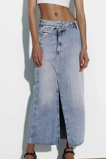 Irregular Front Slit Denim Skirt