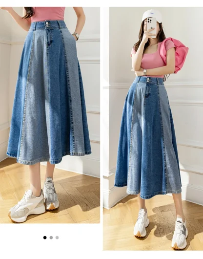 Two Tone A-line Midi Denim Skirt - Image 10