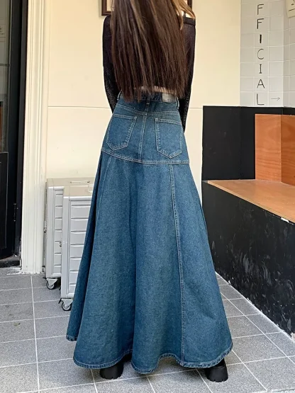 High Rise Long Fishtail Denim Skirt - Image 4
