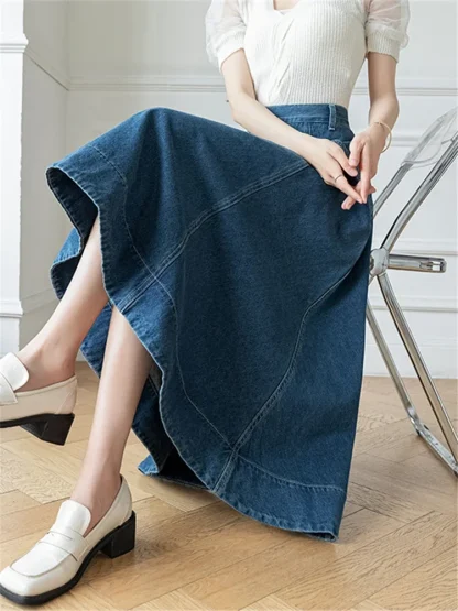 Side Pocket A-line Midi Denim Skirt - Image 3