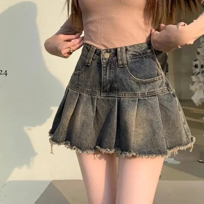 Retro Faded Pleated Denim Skirt
