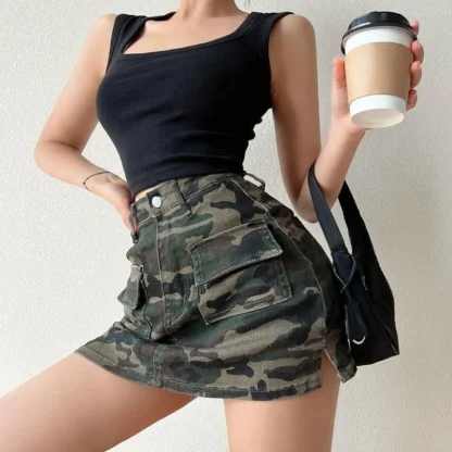 Camouflage Print Cargo Denim Skirt