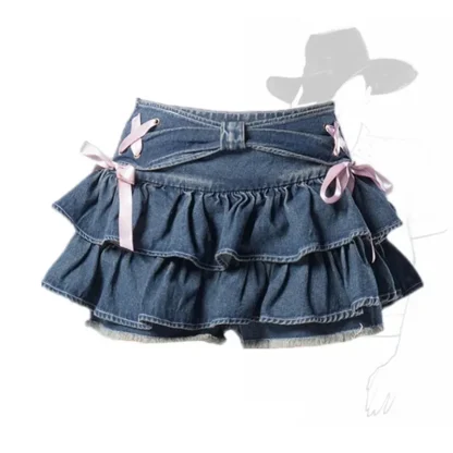 Cute Lace-up Ruffle Denim Skirts - Image 4