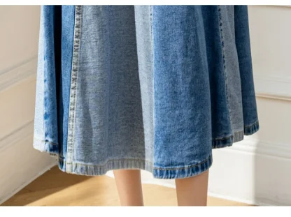 Two Tone A-line Midi Denim Skirt - Image 9