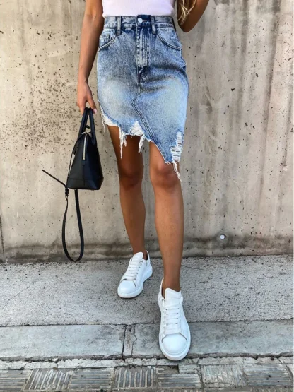 Irregular Ripped Hem Denim Skirt - Image 3