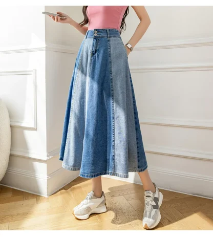 Two Tone A-line Midi Denim Skirt - Image 2