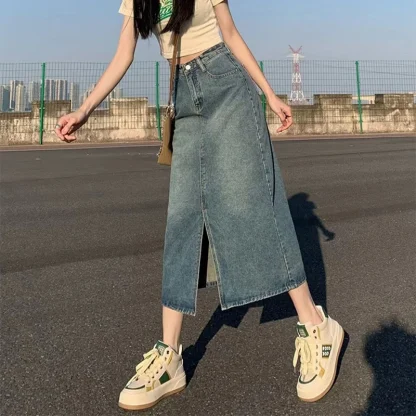 Straight Front Slit Denim Skirt - Image 5