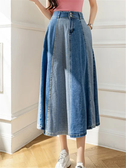 Two Tone A-line Midi Denim Skirt - Image 6