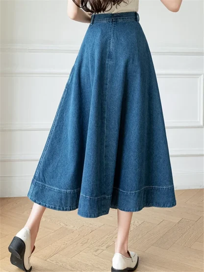 Side Pocket A-line Midi Denim Skirt - Image 6