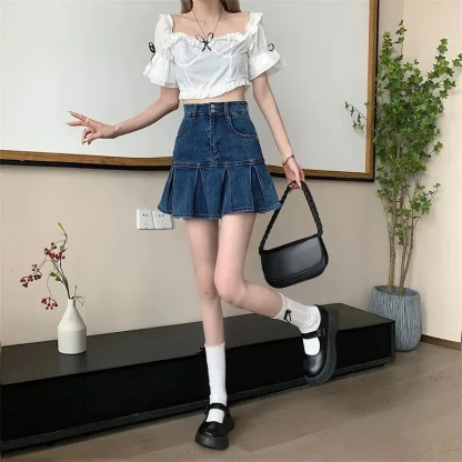 High-waist Pleated Denim Skirt - Image 9