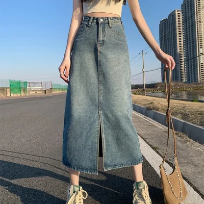 Straight Front Slit Denim Skirt
