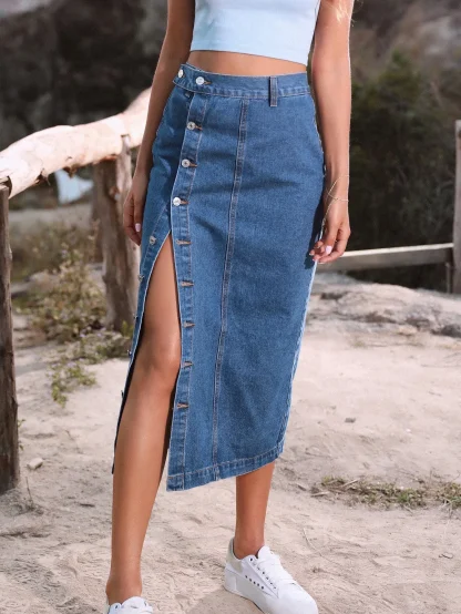 High-waist Button Split Denim Skirt - Image 3