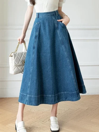 Side Pocket A-line Midi Denim Skirt